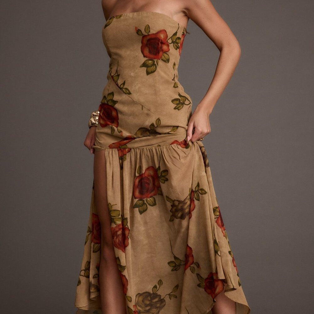 12th Tribe LaBelle Tan Floral Drop Waist Maxi Dress Size XSXS